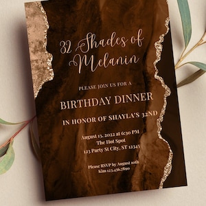 Editable Shades of Melanin Invitation, Brown Birthday Dinner Invitation, Printable or Digital Invitation