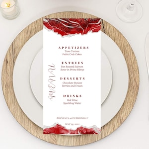 Bearbeitbare Menüvorlage, rote und weiße Menükarten, Geburtstagsmenü, Hochzeitsmenü, Brunch-Menü, bedruckbar