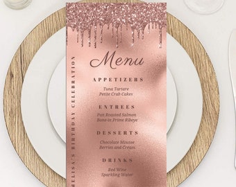 Modèle de carte modifiable en or rose, carte de menu goutte à goutte paillettes d'or rose, cartes de menu pour dîner d'anniversaire, imprimable