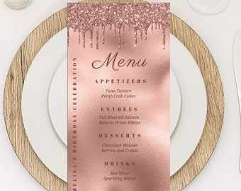 Editable Rose Gold Menu Card Template, Rose Gold Glitter Drip Menu Card, Birthday Dinner Menu Cards, Printable