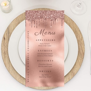 Edytowalny szablon karty menu w kolorze różowego złota, karta menu z brokatem w kolorze różowego złota, karty menu na kolację urodzinową, do wydrukowania