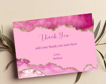 May include: Pink thank you card with gold glitter accents. The card has a pink and white agate design with the text "Thank You" and "add your thank you note here". The card is signed "Love, Melissa".