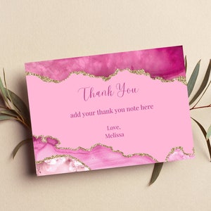 Druckbare Dankeskarte, Pink und Gold Dankeschön Hinweis bearbeitbar, Pink Achat, Dankeskarte für jeden Anlass
