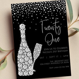 Editable 21st Birthday Invitation, Black and Silver, Glam, Printable or Text Invite