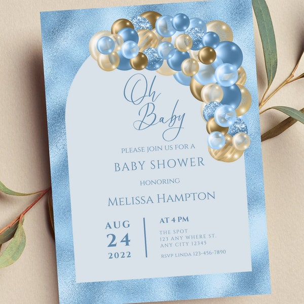 Editable Blue and Gold Baby Shower Invitation, Oh Baby Balloon Arch Invite, Printable or Text Invite