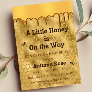 Editable A Little Honey is on the Way Baby Shower Invitation, Dripping Honey, Gold Honeycomb, Printable Instant Download