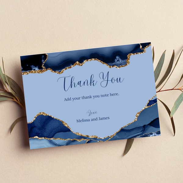 Printable Thank You Card, Blue and Gold Thank You Note, Editable, Blue Agate, Any Occasion Thank You Card