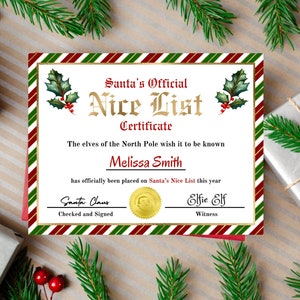 Certificato dell'elenco di Babbo Natale modificabile Certificato stampabile approvato da Babbo Natale