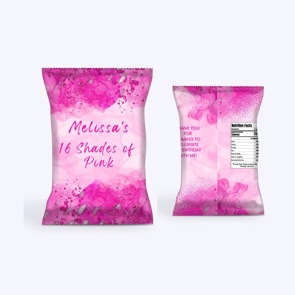 Editable Birthday Chip Bag, Shades of Pink Chip Bag, Shades of Pink Favors, Party Decor, Instant Download