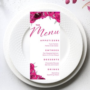 Editable Menu Card Template, Hot Pink, White and Silver Menu Cards, Floral, Dinner Menu, Table Menu, Wedding Menu, Brunch Menu, Printable