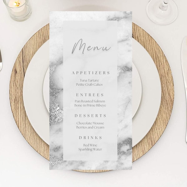 Editable White and Silver Menu Card Template, Marble Design, Luxury, Menu Cards, Birthday Dinner Menu Card, Table Menu, Bar Menu, Printable