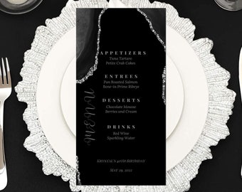 Editable Birthday Party Menu Card Template, Black and Silver Agate Menu Cards, Birthday Dinner Menu Card, Printable