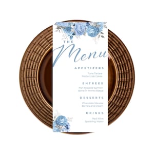 Bearbeitbare Menükarten Vorlage, Babyblau und Silber-Menü, Blumen, Abendmenü, Tischmenü, Babypartymenü, Hochzeitsmenü, bedruckbar