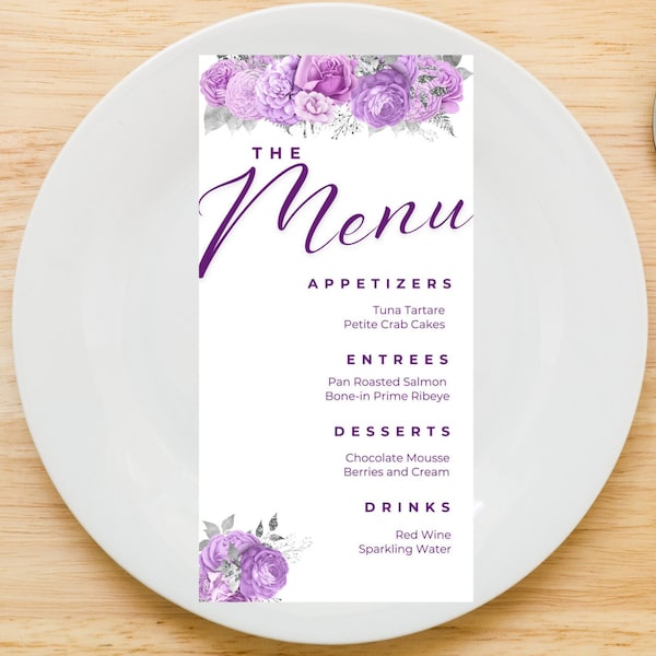 Editable Menu Cards Template, Lavender and Silver, Floral, Dinner Menu, Table Menu, Wedding Menu, Baby Shower Menu, Birthday Menu, Printable