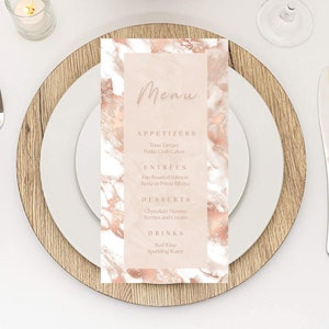 Editable White and Rose Gold Menu Card Template, Marble Design, Luxury, Birthday Dinner Menu Cards, Table Menu, Bar Menu, Printable
