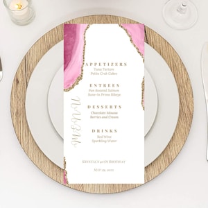 Modèle de carte de menu de fête d'anniversaire modifiable, cartes de menu rose et or, carte de menu de dîner d'anniversaire