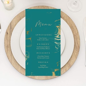 Editable Teal and Gold Menu Card Template, Marble Design, Luxury, Menu Card, Birthday Dinner Menu Card, Table Menu, Bar Menu, Printable