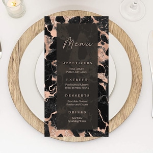 Bearbeitbare Schwarz- und Roségold-Menükartenvorlage, Marmor-Design, Luxus, Geburtstagsmenükarten, Tischmenü, Barkarte, bedruckbar