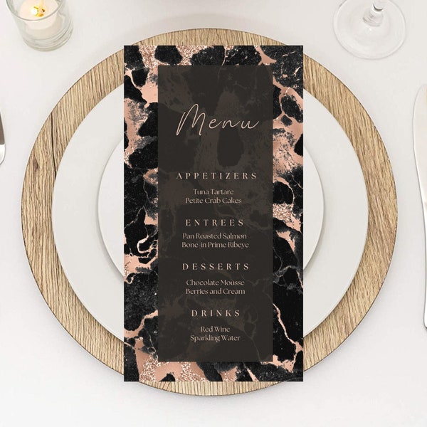 Editable Black and Rose Gold Menu Card Template, Marble Design, Luxury, Birthday Dinner Menu Cards, Table Menu, Bar Menu, Printable