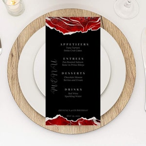 Editable Menu Template, Red and Silver Menu Card, Birthday Dinner Menu Card, Wedding Menu, Brunch Menu, Printable