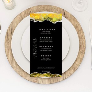 Editable Birthday Party Menu Template Yellow and Black Menu Cards
