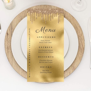 Modèle de carte de menu modifiable en or, cartes de menu goutte à goutte paillettes d'or, carte de menu pour dîner d'anniversaire, menu de mariage, menu brunch, imprimable
