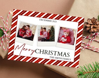 Peut inclure: Une carte de Noël à rayures rouges et blanches avec trois photos d'une famille. La carte dit "Joyeux Noël" et "La famille Smith".