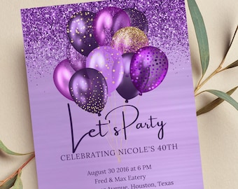 Könnte beinhalten: Lilafarbener und goldener Glitzerhintergrund mit einem Design aus lilafarbenen und goldenen Ballons. Der Text lautet "Let's Party Celebrating Nicole's 40th" 30. August 2016 um 18:00 Uhr Fred & Max Eatery 1256 Summer Avenue, Houston, Texas Bitte melde dich bis zum 15. August an Katherine 222.1452.123