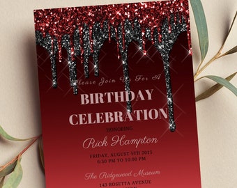 Editable Red and Black Birthday Invitation, Red and Black Drip, Dripping Glitter Invite, Printable