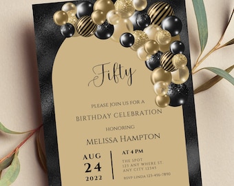 Editable Black and Gold Birthday Invitation, Black and Gold Balloon Arch Invite, Printable or Text Invite