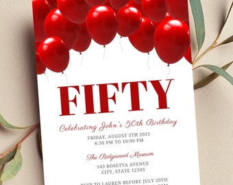 Editable 50th Birthday Invitation, Red Balloons, Red and White Invitation, Printable