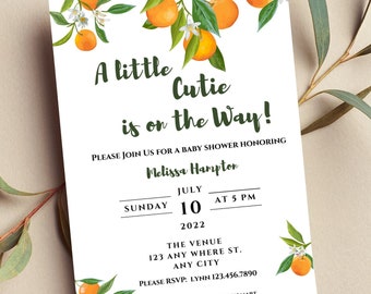 Bewerkbaar Een beetje schatje is onderweg Uitnodiging babyshower, oranje, genderneutraal, citrus, afdrukbaar of tekstuitnodiging direct downloaden