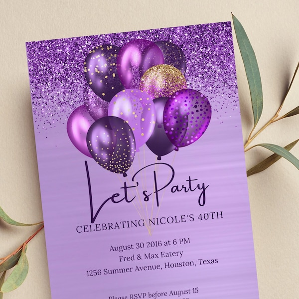 Editable Purple and Gold Birthday Invitation, Let's Party Purple Balloons Invite, Printable