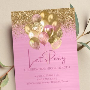 Bearbeitbare Rosa und Gold Geburtstagseinladung, Let's Party Rosa und Gold Luftballons einladen, druckbar oder digital