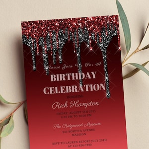 Editable Red and Black Birthday Invitation, Red and Black Drip, Dripping Glitter Invite, Printable