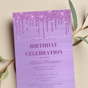 Editable Purple Birthday Invitation, Purple Glitter Drip, Printable or Digital