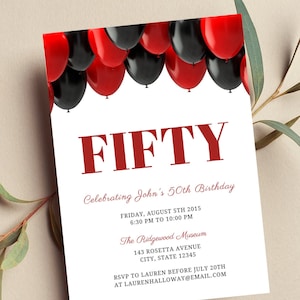 Editable 50th Birthday Invitation, Red and Black Balloons, Printable, Digital