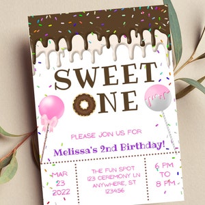 Editable Sweet One Birthday Invitation, Dripping Chocolate, Donuts, Cake Pop, Icing, Ice Cream, Kid&#39;s Invite, Print or Text Invitation