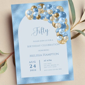 Editable Blue and Gold Birthday Invitation, Blue and Gold Balloon Arch Invite, Printable or Digital