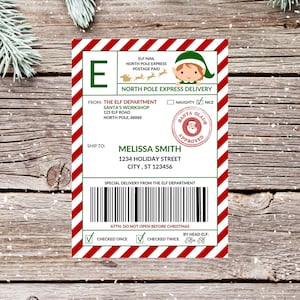 Etiqueta de envío imprimible al Polo Norte, etiqueta de envío editable de Papá Noel, correo de duendes, descarga digital