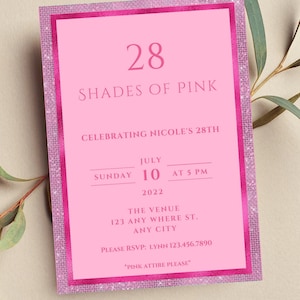 Convite editável em tons de rosa, convite de aniversário rosa, convite para impressão ou texto