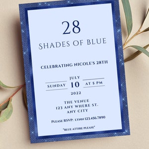 Editable Shades of Blue Invitation, Blue Birthday Invitation, Printable or Digital Invitation