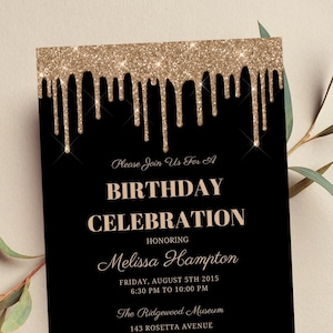 Editable Black and Gold Birthday Invitation, Gold Glitter Drip ...