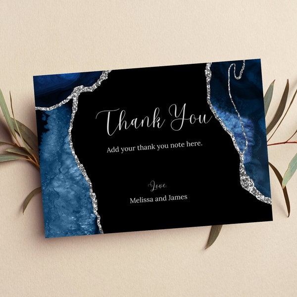 Printable Thank You Card, Editable Blue and Silver Thank You Note, Blue Agate, Any Occasion Thank You Card, Instant Download