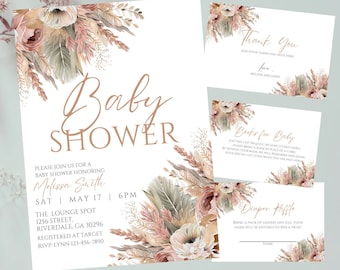 Editable Boho Baby Shower Invitation Bundle Gender Neutral, Pampas, Boho Floral, Printable or Text Invite