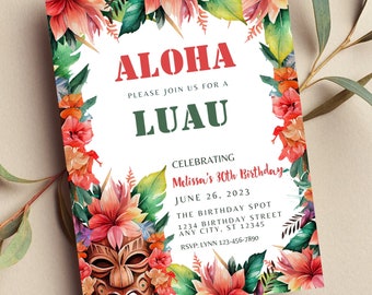 Pode incluir: Um convite para uma festa de luau tropical com uma borda floral, uma máscara tiki e o texto "ALOHA PLEASE JOIN US FOR A LUAU CELEBRATING Melissa's 30th Birthday JUNE 26, 2023 THE BIRTHDAY SPOT 1234 BIRTHDAY STREET ANY CITY, ST 12345 RSVP: LYNN 123-456-7890".