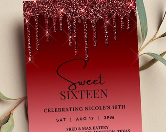 Editable Sweet 16 Birthday Invitation, Red and Black Invitation, Red Dripping Glitter, Print or Text Invite