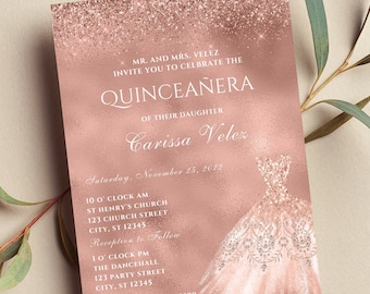 Editable Rose Gold Glitter Quinceañera Invitation (Printable or Text Invite)