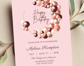 May include: A pink birthday invitation with a gold circle and brown and gold balloons. The text reads "Happy Birthday" and includes the name "Melissa Hampton", the date "Sat Aug 17", the time "3PM", the location "The Ridgewood Museum", the address "143 Rosetta Avenue, City, State 12345", and the RSVP information "RSVP: Lauren 123-456-7890".