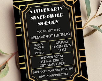 Editable Gatsby Invitation, Roaring 20s Birthday Invitation, Harlem Nights, Art Deco, Printable or Text Invite